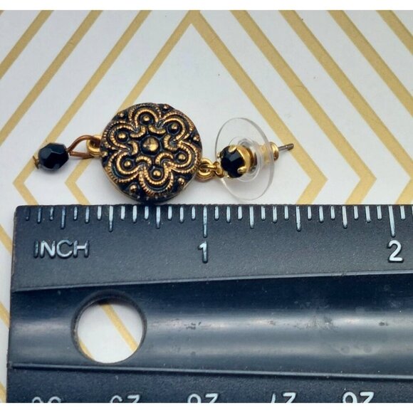 Beautiful Dainty Gold Tone & Black Drop Dangle Earrings Beaded Unique Pierced - Picture 5 of 5